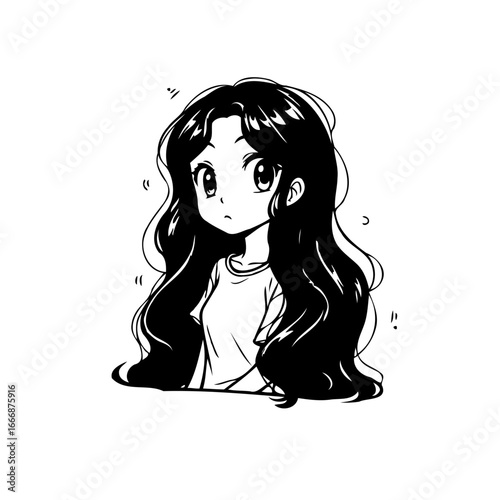 Monochrome portrayal of a thoughtful manga girl with long hair gazing pensively ahead in art