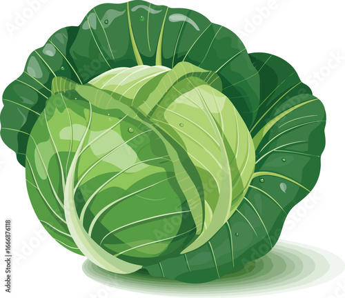 A detailed illustration of a fresh green cabbage with dew drops on its leaves, presented on a white background