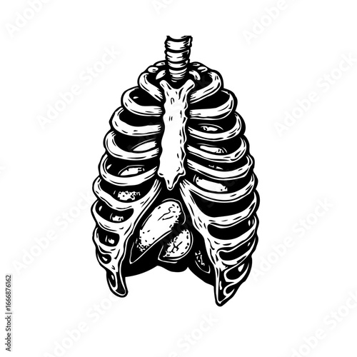 Monochrome rib cage illustration anatomical structure of the chest providing protection for vital