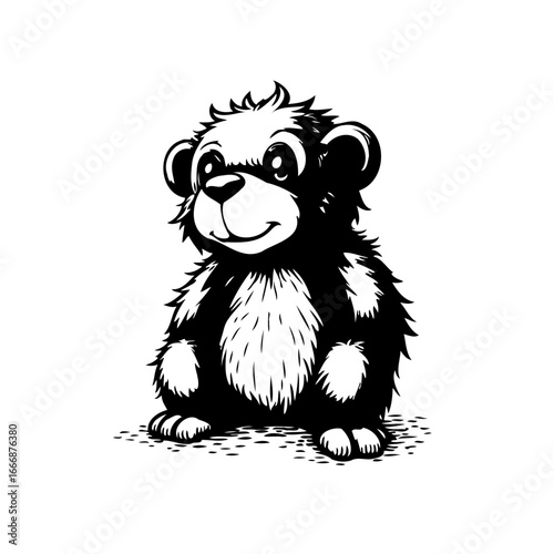 Monochrome sketched illustration of a friendly baby bear character with fuzzy fur sitting down and