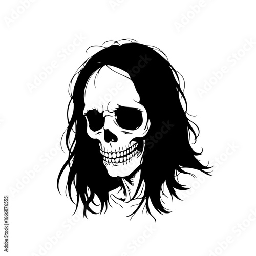Monochrome skull illustration featuring dark flowing tresses providing gothic artistic impression
