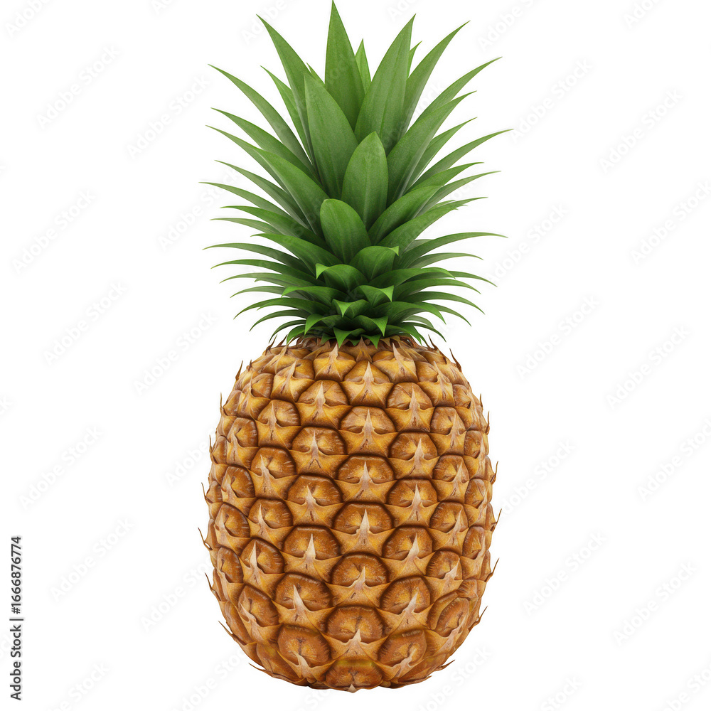Fototapeta premium A ripe golden pineapple with green spiky leaves isolated on transparent background