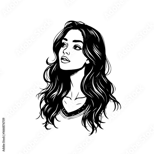 Monochrome stylized depiction of a pensive young woman with flowing dark hair looking upwards