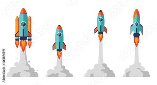 Four colorful rockets launching into the sky with flames and smoke