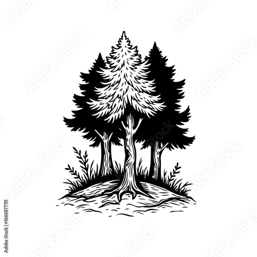 Monochrome vector illustration of forest trees on an earthen mound provides nature's serene and