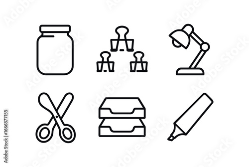 vector outline icons binder clip (storage jar): glass jar assorted clips desk light scissors paper tray marker pen.