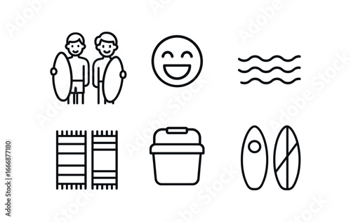 vector outline icons skimboarding (group fun): friends with boards laughter shallow waves beach towels cooler box colorful boards.