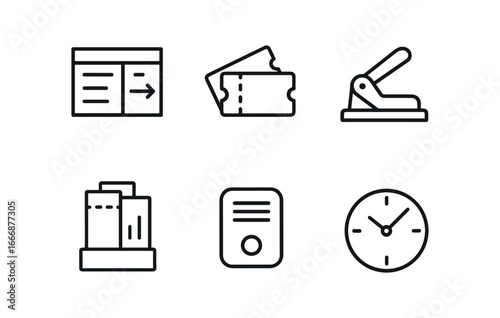vector outline icons ticket agent (train station): timetable chart paper tickets hole punch ticket rack intercom clock.