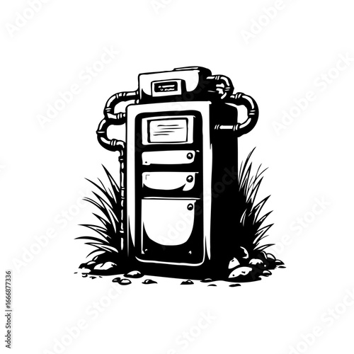 Mysterious black and white monolithic utility box structure standing among wild grass illustration