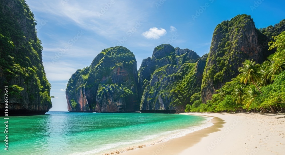 Obraz premium Serene tropical beach with towering limestone cliffs and lush vegetation.