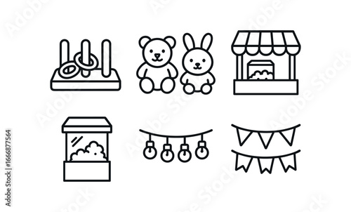 vector outline icons twilight carnival (game stalls): ring toss stuffed prizes striped awning popcorn machine bright bulbs colorful banners.