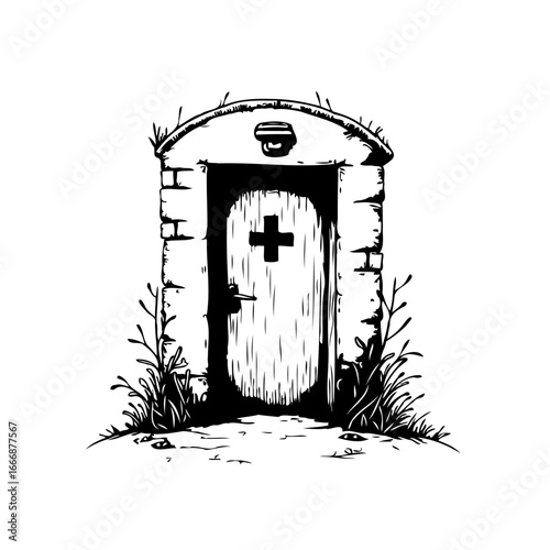 Mysterious old stone structure with a cross adorning its wooden door in rural setting