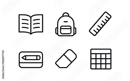 vector outline icons notebook divider (school desk): open notebook backpack ruler pencil case eraser timetable sheet.