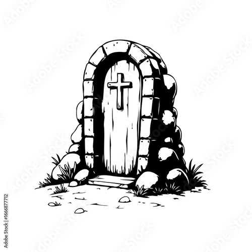 Mysterious stone doorway artwork in monochrome evoking archaic times and uncharted realms with