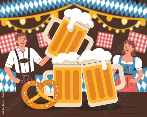 Oktoberfest Celebration with Beer Mugs and Traditional Attire Flat Vector