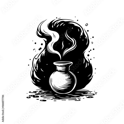 Mysterious vessel emitting swirls vapor encircled spectral shadow illustrative form creative