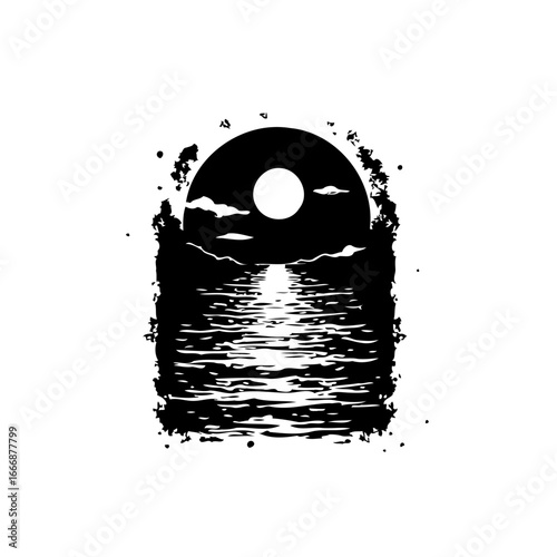 Mystic monochrome landscape: Serene water reflects celestial orb amid tranquil nature a stylized