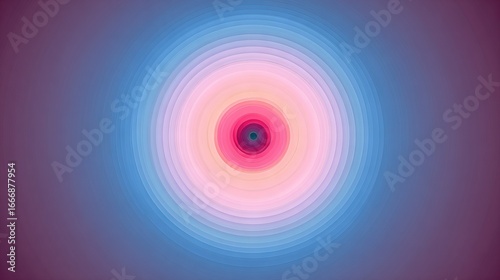 Abstract glowing concentric circles in gradient pink, blue and purple tones radiating from center, minimalist futuristic background for modern design use
