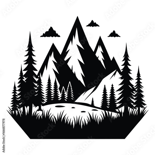 Mountain Landscape Silhouette with Pine Trees, Clouds, and Grass Vector Illustration