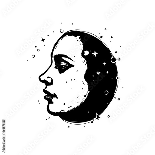 Mystical lunar portrait: a celestial visage merging with starry moonscape in monochrome brilliance