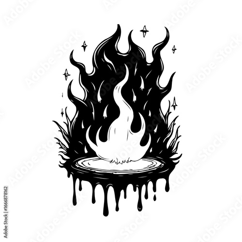 Mystical monochromatic flame with dripping essence evokes ethereal enchanting symbolism in