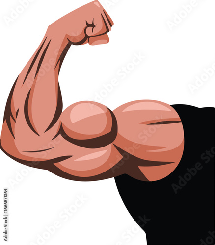 Cartoon muscular arm flexing bicep for strength concept.
