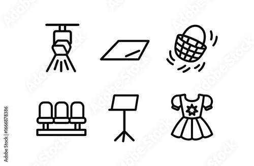 vector outline icons basket dance (indoor stage): spotlight polished floor baskets in motion audience seats music stand bright costume.