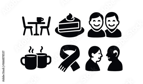 vector solid black filled icons advanced adulthood (social gathering): café table dessert plate warm smiles coffee mugs cozy scarf friendly talk.