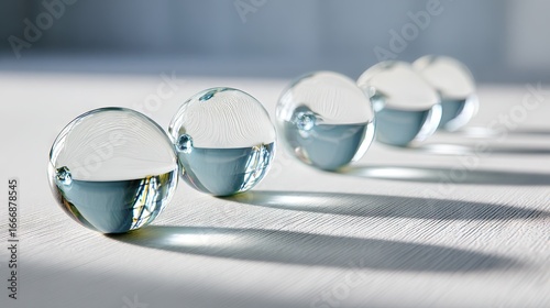 Transparent glass spheres aligned in perspective casting long shadows on white surface, minimalist crystal ball concept for modern abstract design