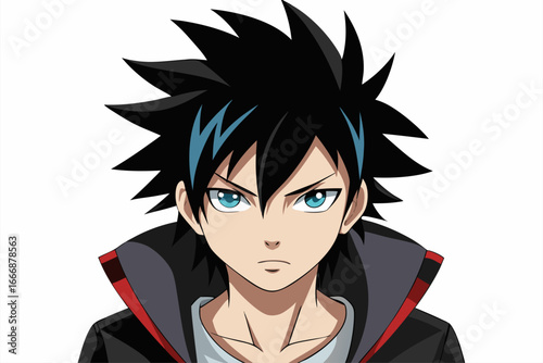 Minimalist black and white vector illustration of an anime boy silhouette with messy hair and sharp features. Perfect for manga, anime artwork, character design, digital art, graphic design projects, 