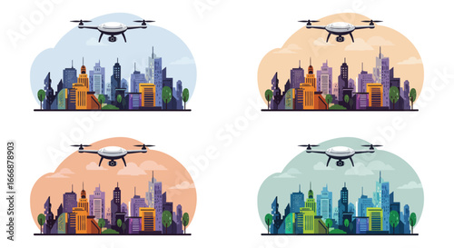 Drones flying over city skylines with various colorful backgrounds and skyscrapers