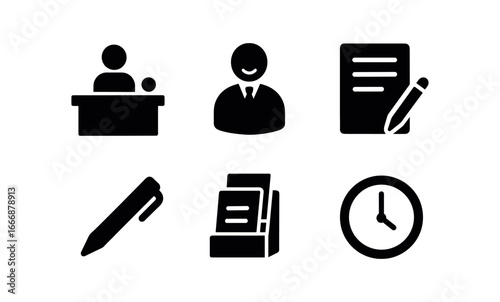 vector solid black filled icons assurance (service scene): customer desk friendly clerk printed form pen brochure stand wall clock.