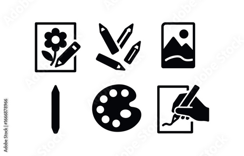vector solid black filled icons color pencil set (art in progress): coloring page scattered pencils sketch outline blending stump open palette hand drawing.