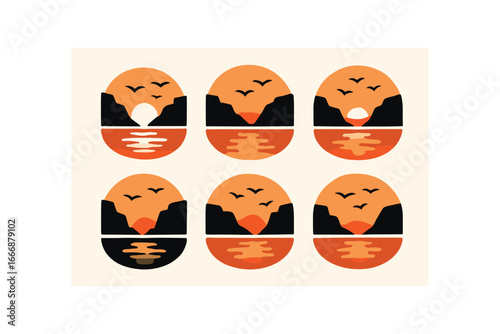 vector solid black filled icons crater lake (sunset glow): orange sky red cliffs soft water reflection flying birds warm haze.