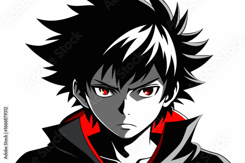 Minimalist black and white vector illustration of an anime boy silhouette with messy hair and sharp features. Perfect for manga, anime artwork, character design, digital art, graphic design projects, 