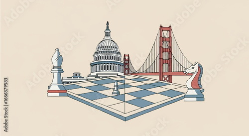 Chessboard featuring US Capitol and Golden Gate Bridge symbolizing political and economic strategy on a neutral colored backdrop with a conceptual and strategic theme.