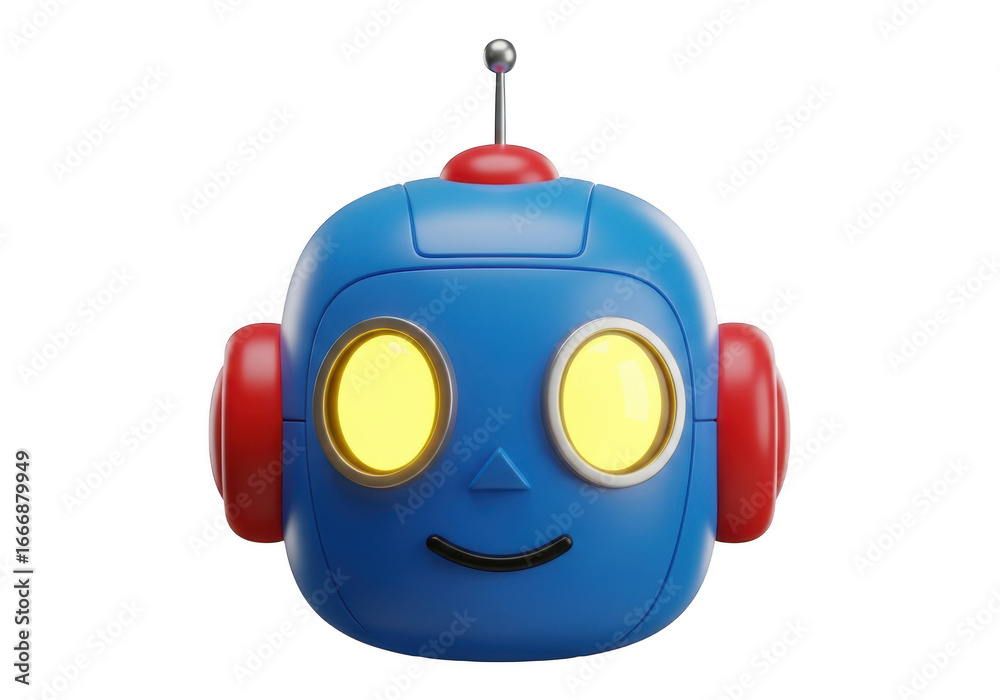 Fototapeta premium Cute blue robot head with yellow eyes isolated on transparent background
