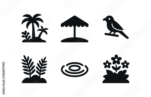 vector solid black filled icons oasis (lush greenery): thick palms flowering shrubs shade canopy ferns water tropical bird.