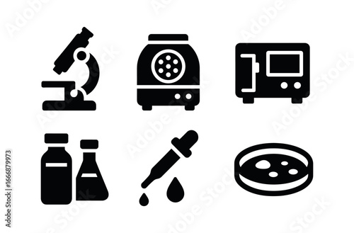 vector solid black filled icons forensic analyst (laboratory instruments): microscope centrifuge spectrometer chemical vials pipette petri dish.