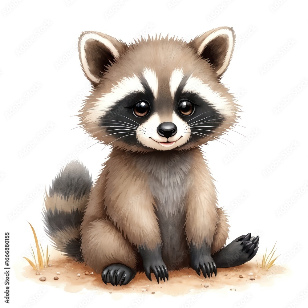 Obraz premium Charming watercolor illustration of cute baby raccoon sitting on sandy ground. Friendly animal distinctive black mask markings, striped tail. Artwork perfect for children books, nature themes, cute