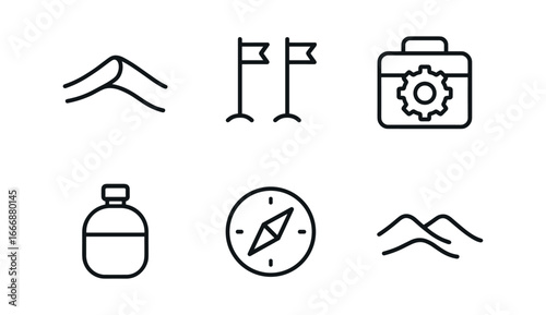 vector outline icons topographer (desert survey): sand dune stakes gear case water canteen compass distant ridge.