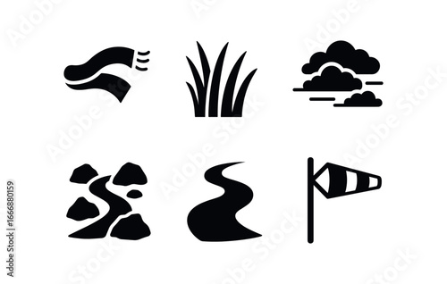 vector solid black filled icons transitional breeze (mountain pass): fluttering scarf tall grass rocky path shifting clouds stream bend wind flag.
