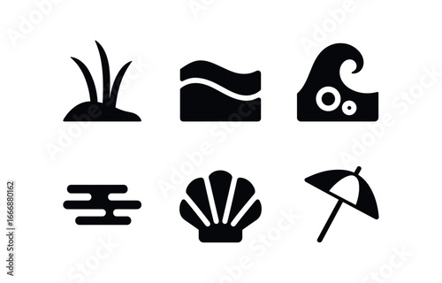 vector solid black filled icons transitional breeze (coastal air): dune grass sand drift foam wave light mist seashell tilted umbrella.