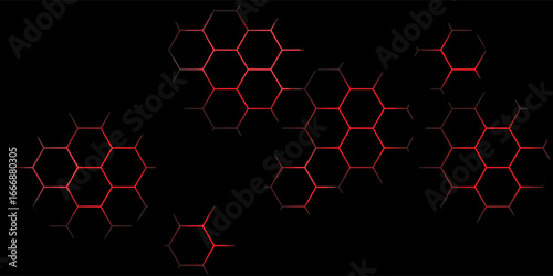 Dark gray and red horizontal hexagonal technology abstract vector background. red bright energy flashes under hexagon in futuristic modern technology wide banner. Dark gray honeycomb texture grid.