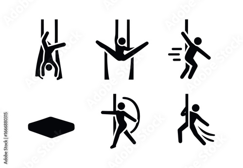 vector solid black filled icons aerial silks (dismount): drop pose silk flare shadow smear highlight rim landing mat motion streak.
