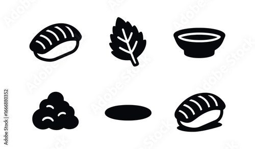 vector solid black filled icons sushi platter (sashimi slice): fish outline garnish leaf soy dish ginger pile shadow smear light rim.