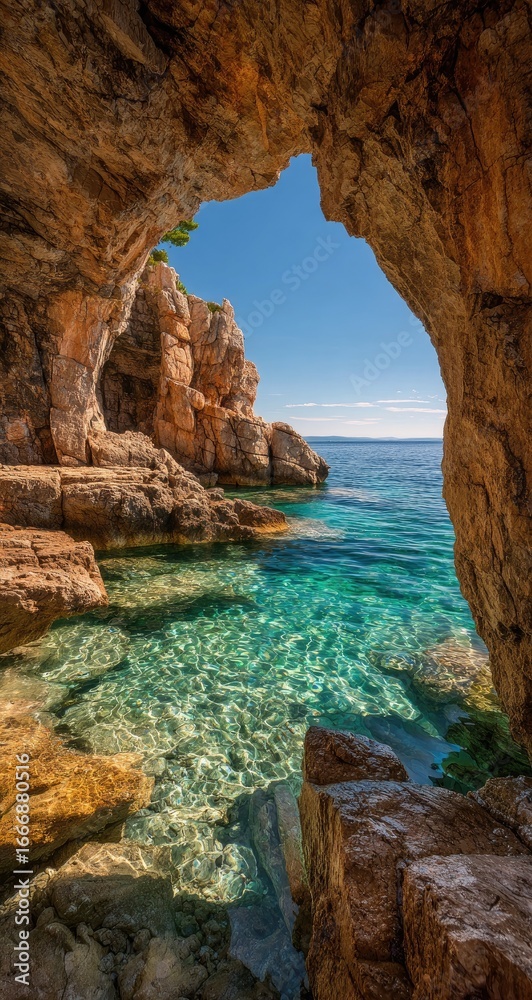 Fototapeta premium Sunlight streams through a rocky cave opening onto a crystal-clear turquoise cove