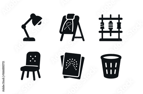 vector solid black filled icons lacemaker (studio corner): work lamp lace stand thread rack padded chair paper patterns waste bin.