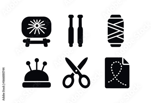 vector solid black filled icons lacemaker (work table): lace pillow wooden bobbins fine thread pin cushion scissors pattern sheet.
