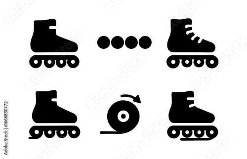 vector solid black filled icons rollerblading (inline skates): skate boot four wheels lace loops wheel spin shadow smear light rim.